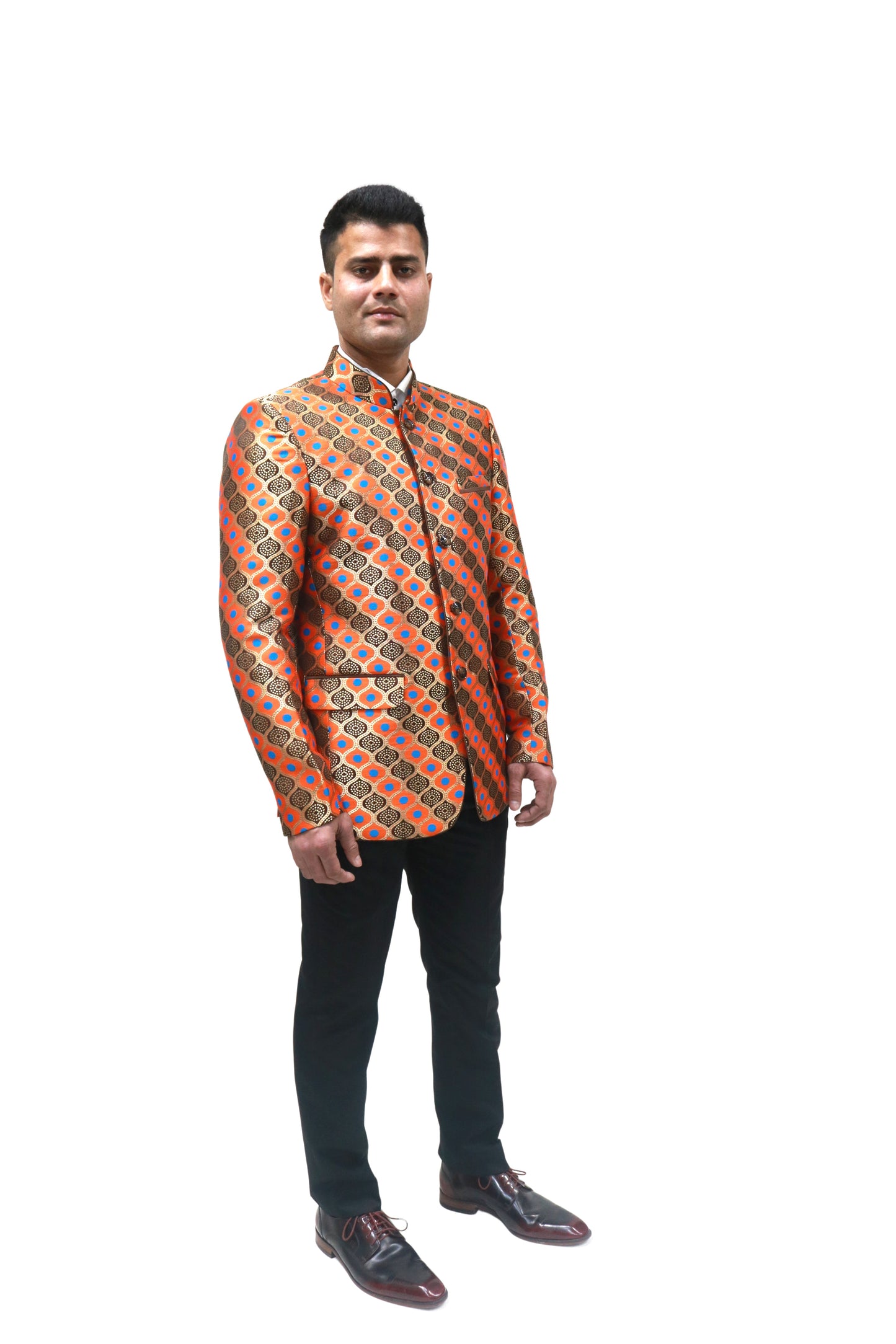 Handmade Men's , brown orange and blue Jacquard Silk Jacket and black trouser combo Perfect for wedding Occasion or Party wear