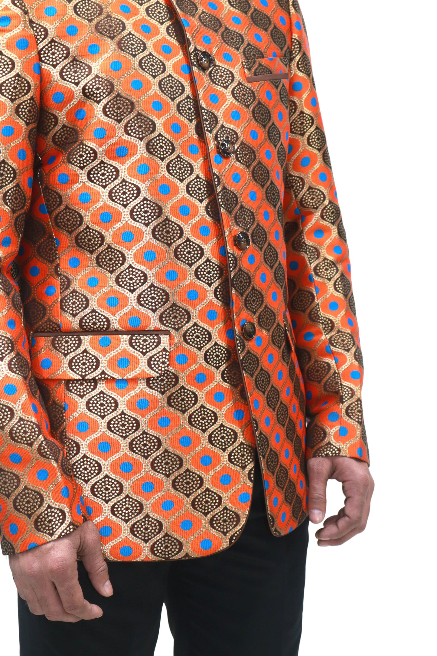 Handmade Men's , brown orange and blue Jacquard Silk Jacket and black trouser combo Perfect for wedding Occasion or Party wear