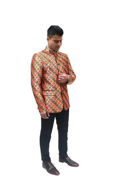 Handmade Men's , brown orange and blue Jacquard Silk Jacket and black trouser combo Perfect for wedding Occasion or Party wear