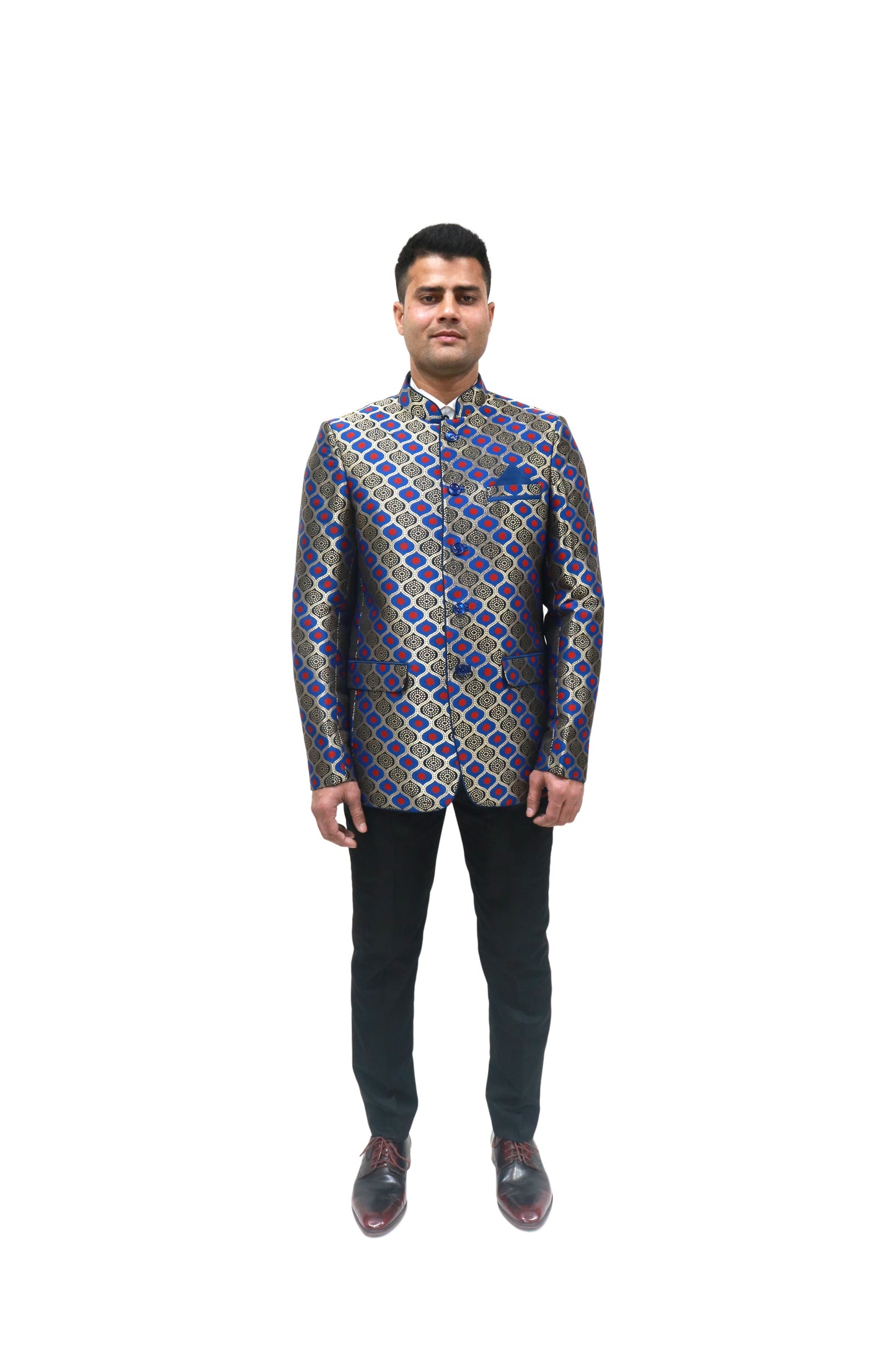 Handmade Men's Black, red and blue Jacquard Silk Jacket and black trouser combo Perfect for wedding Occasion or Party wear