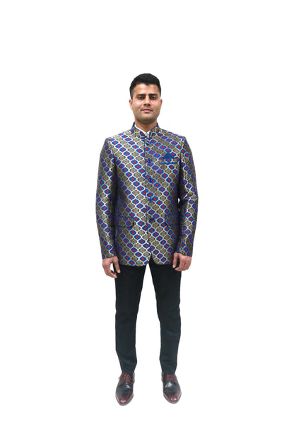 Handmade Men's Black, red and blue Jacquard Silk Jacket and black trouser combo Perfect for wedding Occasion or Party wear