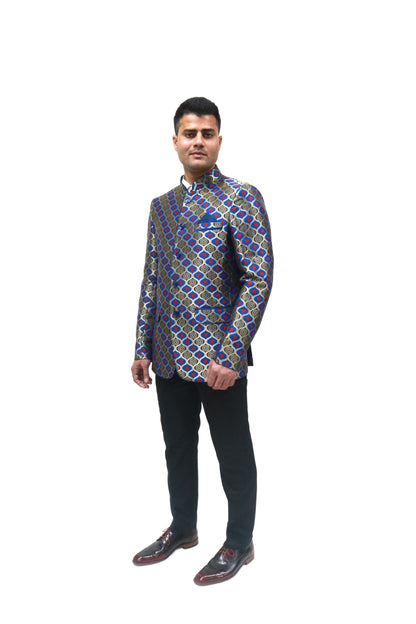 Handmade Men's Black, red and blue Jacquard Silk Jacket and black trouser combo Perfect for wedding Occasion or Party wear