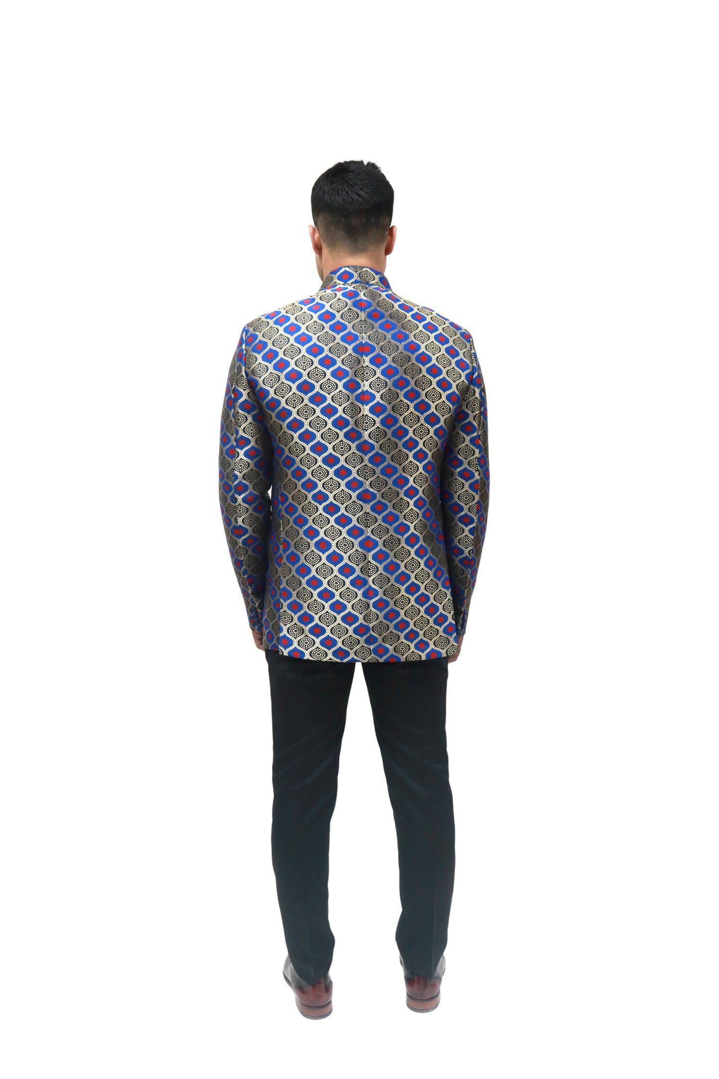 Handmade Men's Black, red and blue Jacquard Silk Jacket and black trouser combo Perfect for wedding Occasion or Party wear