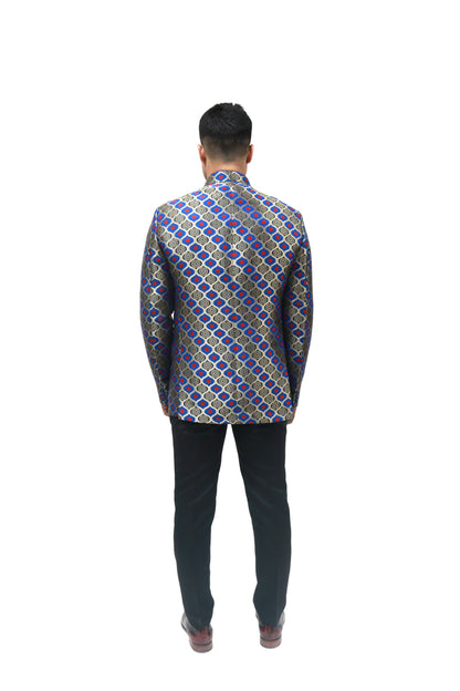 Handmade Men's Black, red and blue Jacquard Silk Jacket and black trouser combo Perfect for wedding Occasion or Party wear