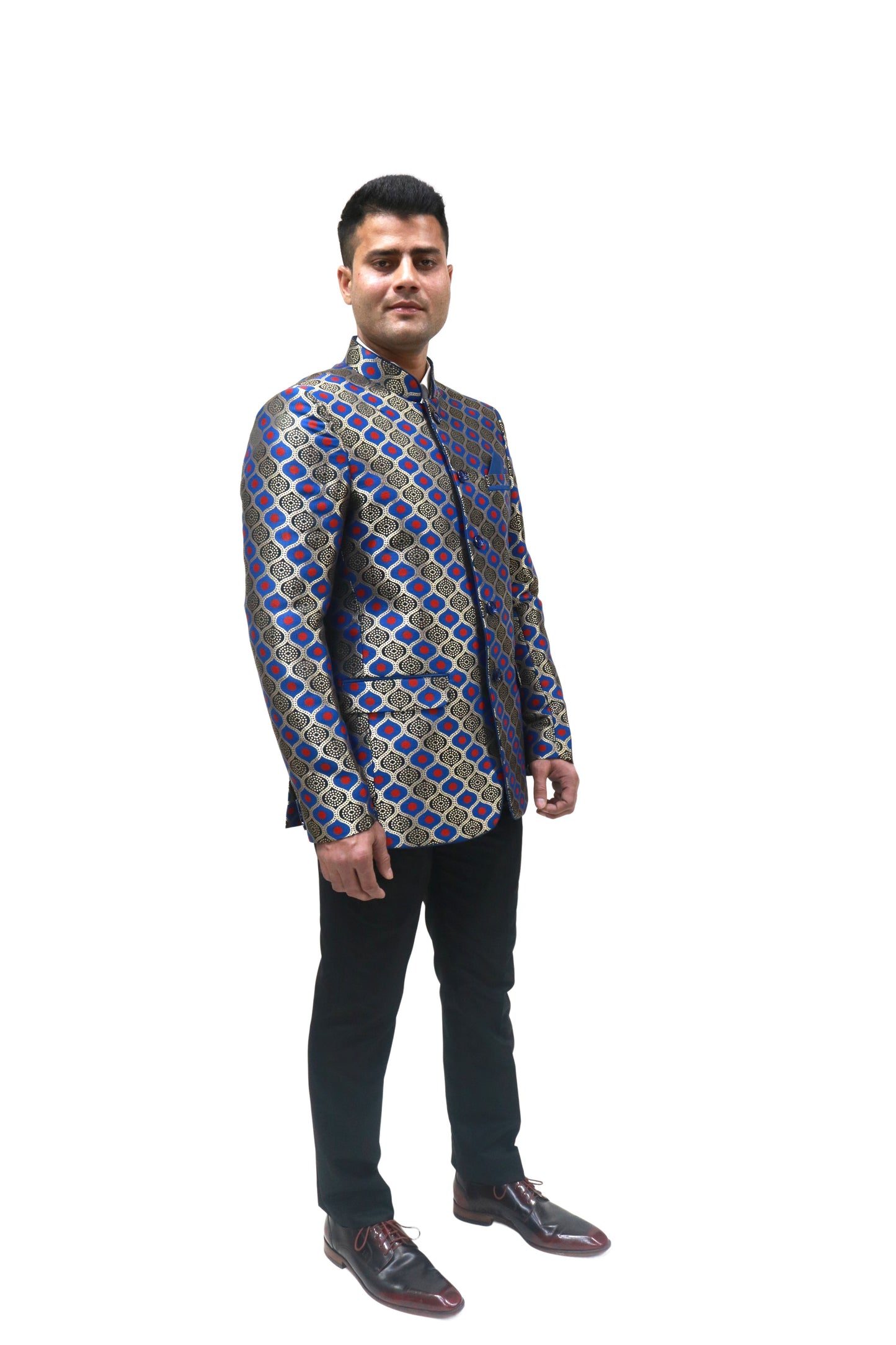 Handmade Men's Black, red and blue Jacquard Silk Jacket and black trouser combo Perfect for wedding Occasion or Party wear