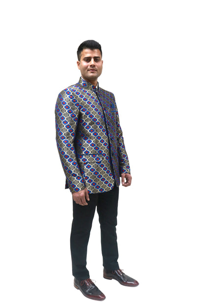 Handmade Men's Black, red and blue Jacquard Silk Jacket and black trouser combo Perfect for wedding Occasion or Party wear