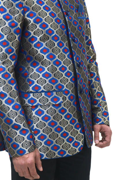 Handmade Men's Black, red and blue Jacquard Silk Jacket and black trouser combo Perfect for wedding Occasion or Party wear
