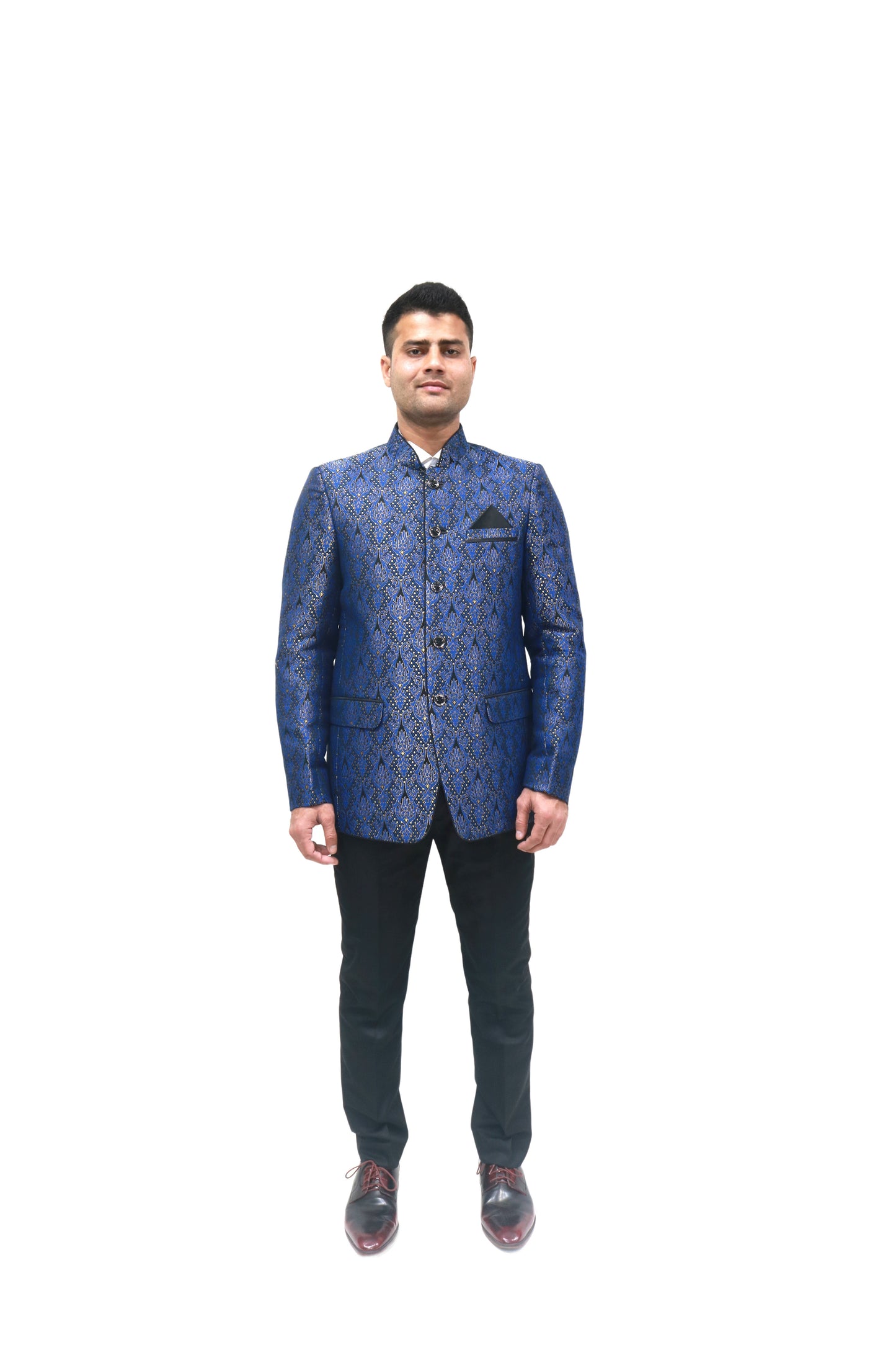 Handmade Men's Black, blue Jacquard Silk Jacket and black trouser combo Perfect for wedding Occasion or Party wear
