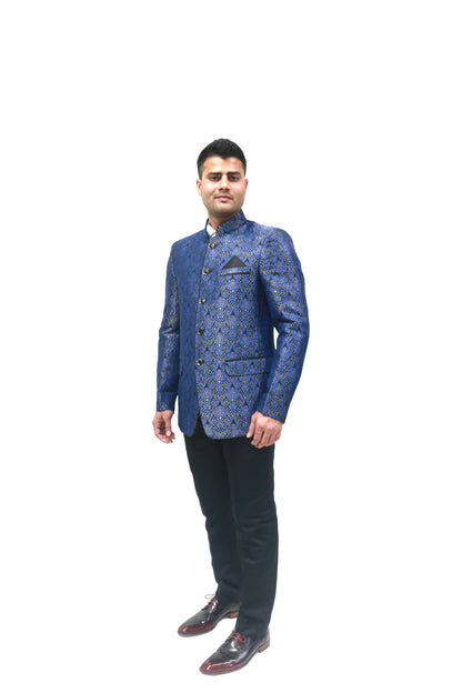 Handmade Men's Black, blue Jacquard Silk Jacket and black trouser combo Perfect for wedding Occasion or Party wear