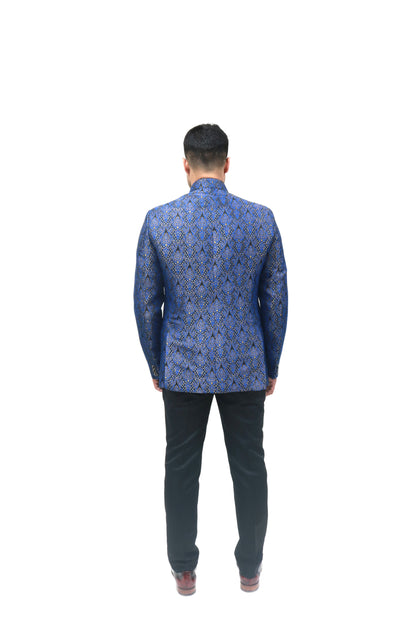 Handmade Men's Black, blue Jacquard Silk Jacket and black trouser combo Perfect for wedding Occasion or Party wear