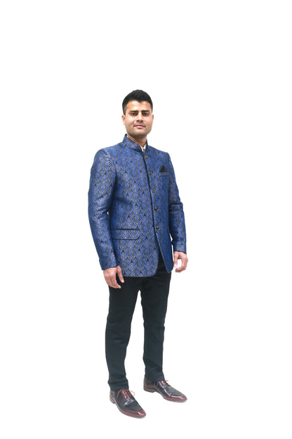 Handmade Men's Black, blue Jacquard Silk Jacket and black trouser combo Perfect for wedding Occasion or Party wear