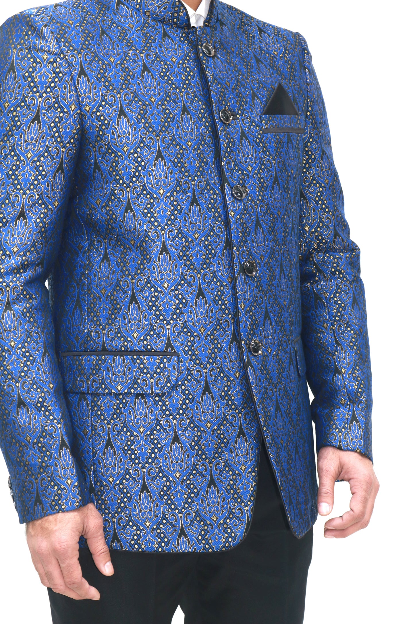 Handmade Men's Black, blue Jacquard Silk Jacket and black trouser combo Perfect for wedding Occasion or Party wear