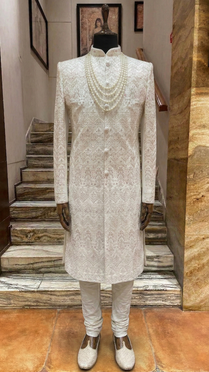 Royal Ivory Embroidered Groom Sherwani with Pearl Mala