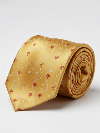 Luxury Golden Silk Tie with Red & White Print – Designer Formal Necktie