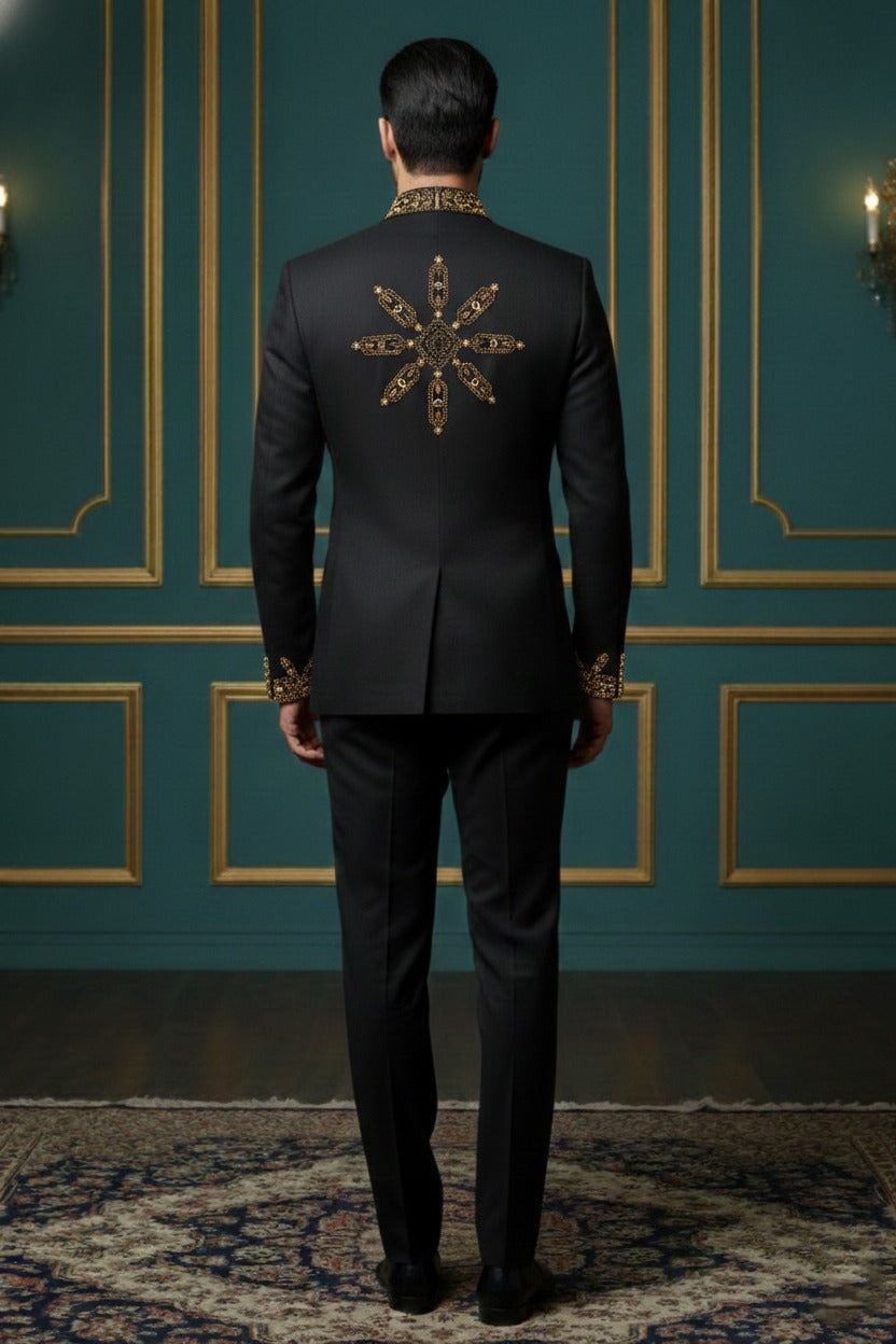 Men's Luxury Embroidered Blazer - Black and Gold Ethnic Party Wear Jacket - Designer Wedding Bandhgala for Groom & Groomsmen