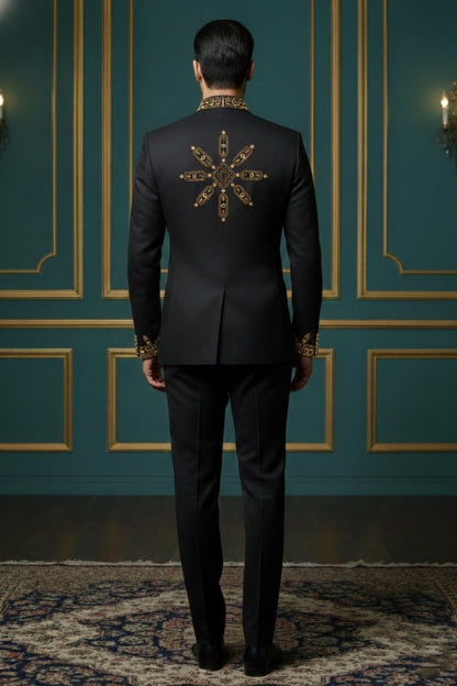 Men's Luxury Embroidered Blazer - Black and Gold Ethnic Party Wear Jacket - Designer Wedding Bandhgala for Groom & Groomsmen