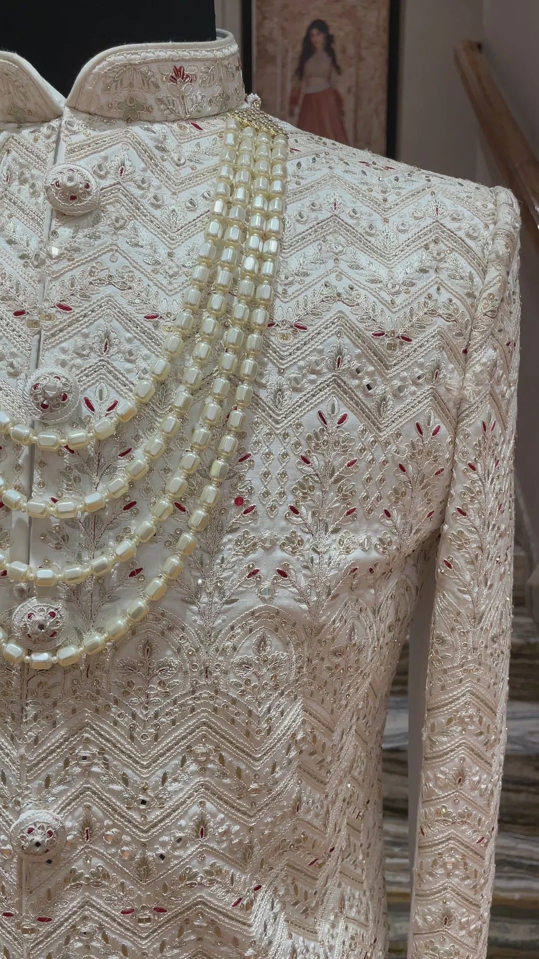 Royal Ivory Embroidered Groom Sherwani with Pearl Mala