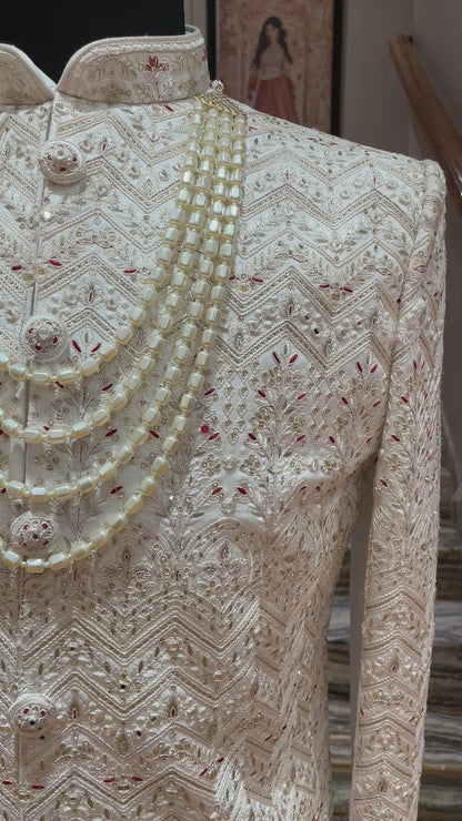 Royal Ivory Embroidered Groom Sherwani with Pearl Mala