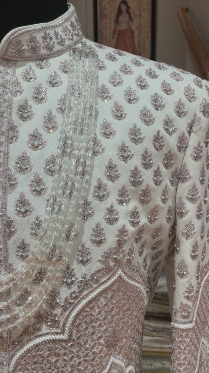 Ivory Embroidered Groom Sherwani with Mirror Work
