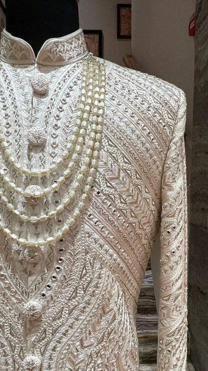 Blush Pink & Ivory Dual-Tone Embroidered Groom Sherwani