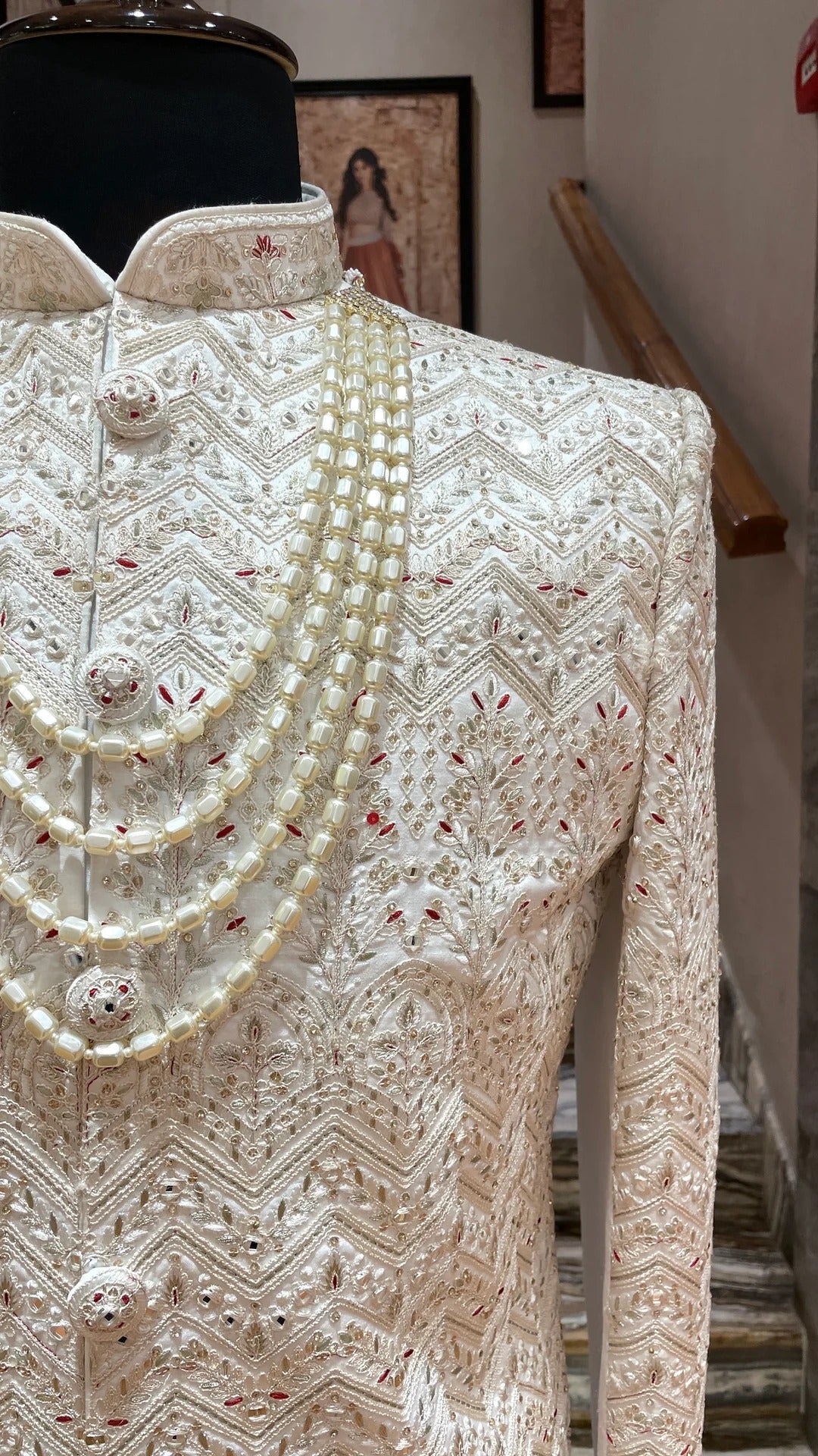 Royal Ivory Embroidered Groom Sherwani with Pearl Mala