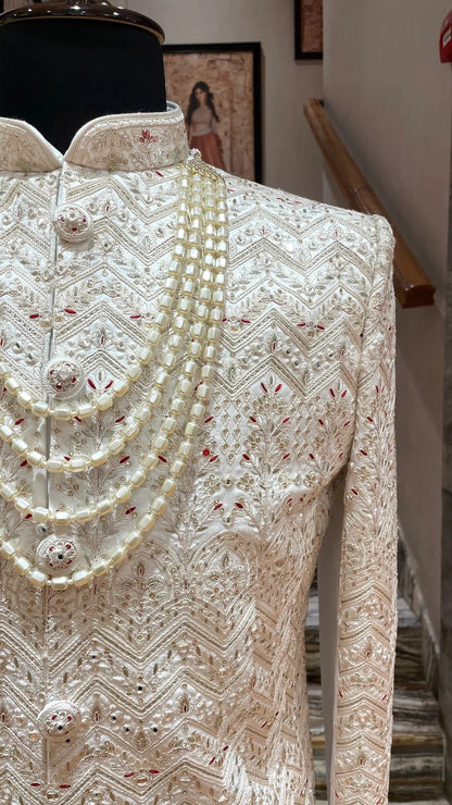 Royal Ivory Embroidered Groom Sherwani with Pearl Mala