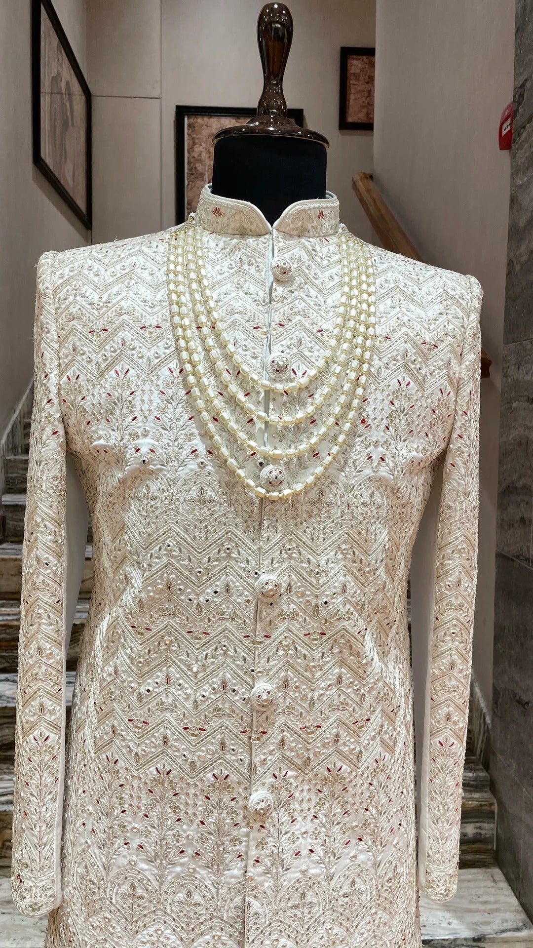 Royal Ivory Embroidered Groom Sherwani with Pearl Mala