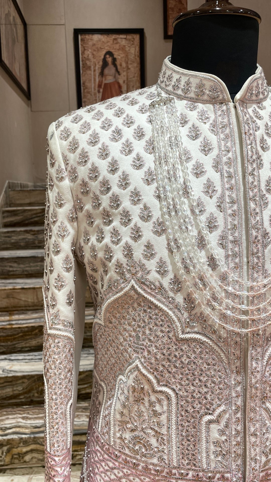 Ivory Embroidered Groom Sherwani with Mirror Work