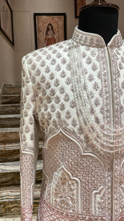Ivory Embroidered Groom Sherwani with Mirror Work