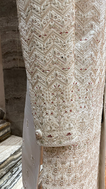 Royal Ivory Embroidered Groom Sherwani with Pearl Mala
