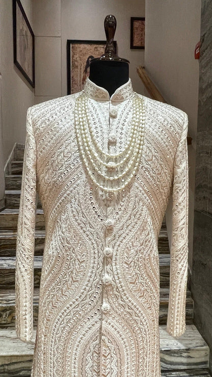 Blush Pink & Ivory Dual-Tone Embroidered Groom Sherwani