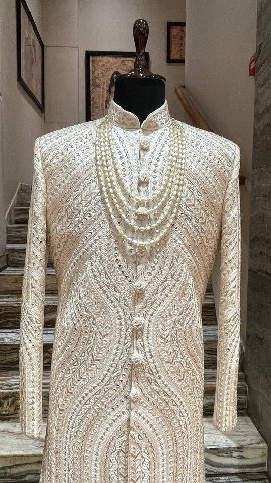 Blush Pink & Ivory Dual-Tone Embroidered Groom Sherwani