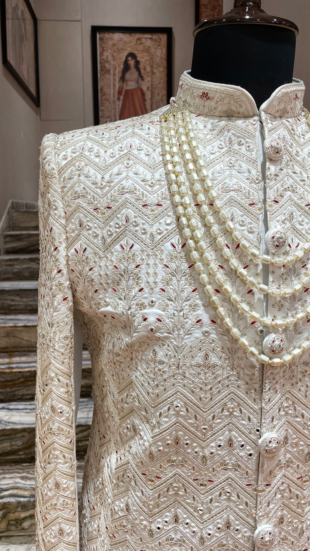 Royal Ivory Embroidered Groom Sherwani with Pearl Mala