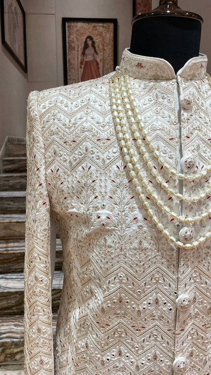 Royal Ivory Embroidered Groom Sherwani with Pearl Mala